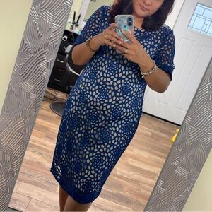 Preston & York Navy Blue Lace-Overlay Midi Dress